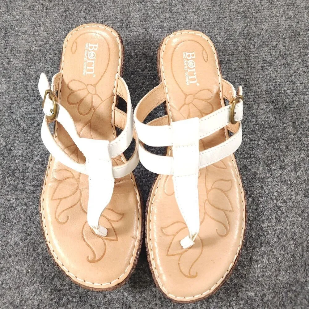 Born Iris White Leather Wedge Thong Sandal Womens Size 7 Buckle Strap - Picture 8 of 10